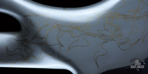 JERZY DROZD Trifid Nebula bass guitar detail of gold gilded ornaments back body